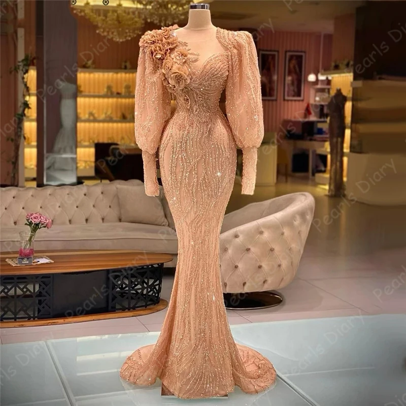 

Dubai Haute Beaded Muslim Gold Evening Dresses Long 2021 Vestido De Festa Puff Sleeves Mermaid Gowns For Women Evening Wear