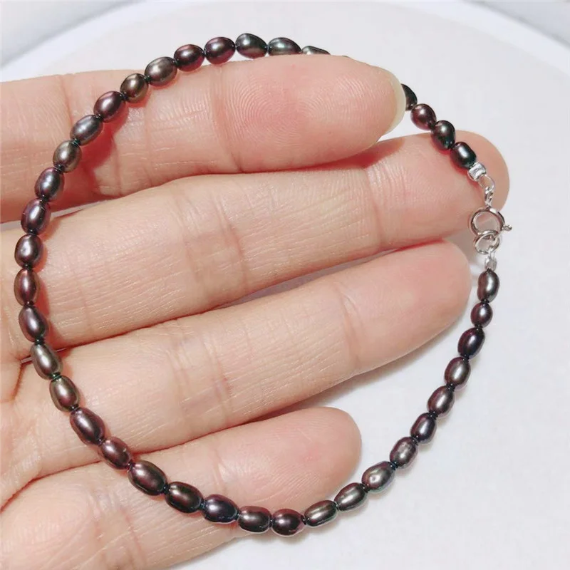 3-4MM pearl Натуральный крошечный Блестящий гранатовый Черный шпинель камень 2-3 мм браслет 925 пробы серебряной застежкой+ 3 см - Окраска металла: 3-4MM pearl