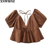 xnwmnz 2021 brown women blouse vintage summer shirt deep v neck female ruffle top lace up backless sexy shirt puff sleeve shirts