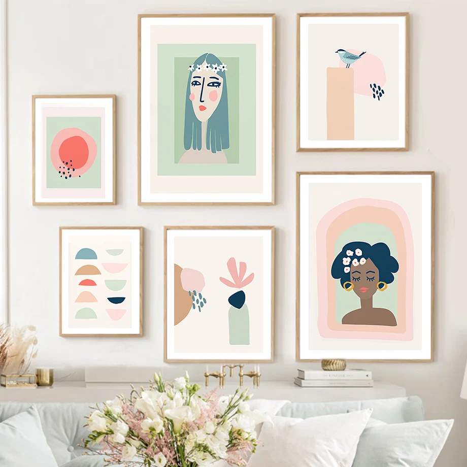 

Scandinavian Pastel Museum Color Woman Block Mint Wall Art Print Canvas Painting Nordic Poster Decor Pictures For Living Room