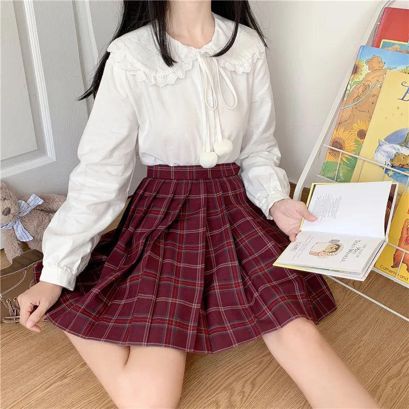 

Japanese Preppy Style Sweet Girl JK Blouse Shirt Vintage Peter Pan Collar Lace Bandage Bow Hairball Single-breasted Loose Shirt