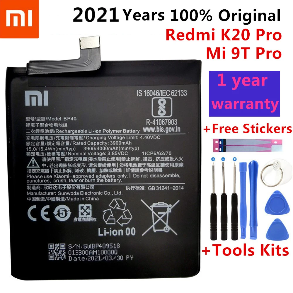 

100% Original Battery For Xiaomi Redmi K20 Pro / Mi 9T Pro 3900mAh BP40 Replacement Li-ion Polymer Phone Battery Repair Parts