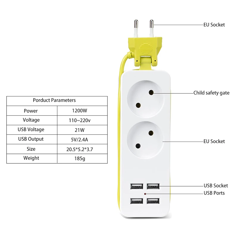 

New Travel Power Strip Portable Extension Socket Outlet with 4 USB Wall Charger Smart Desktop Socket EU Plug