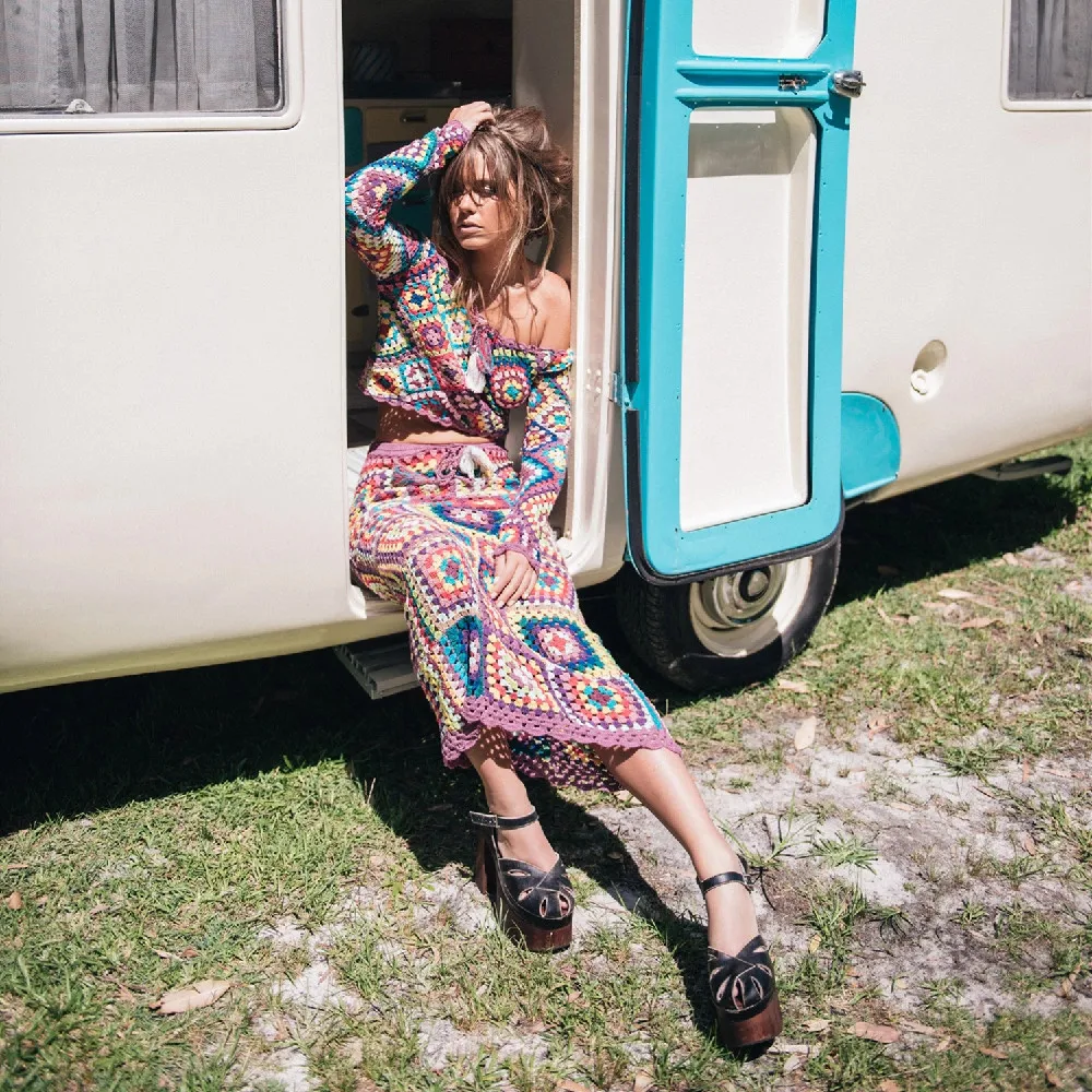 Женский богемный Костюм-двойка ручной работы вязаный крючком с открытыми