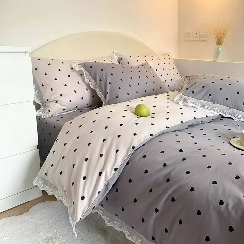 Girls Bedding Set Reversible Gray White Heart print Duvet Cover 100%Cotton Lace 4Pcs Queen Twin Ultra Soft bed sheet | Дом и сад