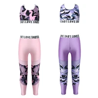 kids printed stretchy tracksuit crop top with mesh splice leggings pants sports 2 pieces sets girls ballet gymnastics dance wear