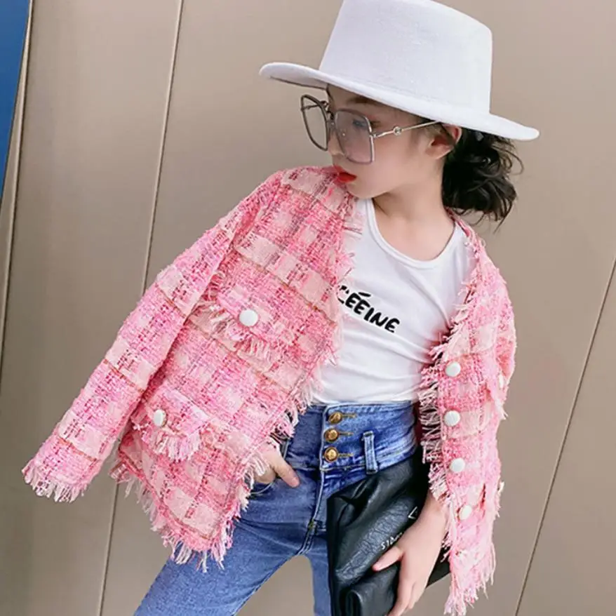 

Korea style baby girl coats 2021 spring autumn new plaid jackets children fashion v-neck outerwear tops girl coats wz337