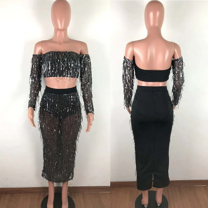Комплект из двух предметов с бахромой и блестками женские наряды облегающая