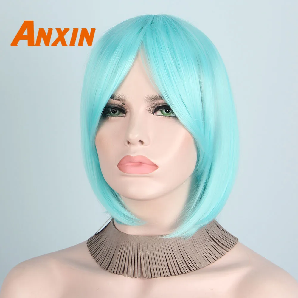 Женский Короткий прямой парик Anxin голубой 12 дюймов с челкой для косплея аниме