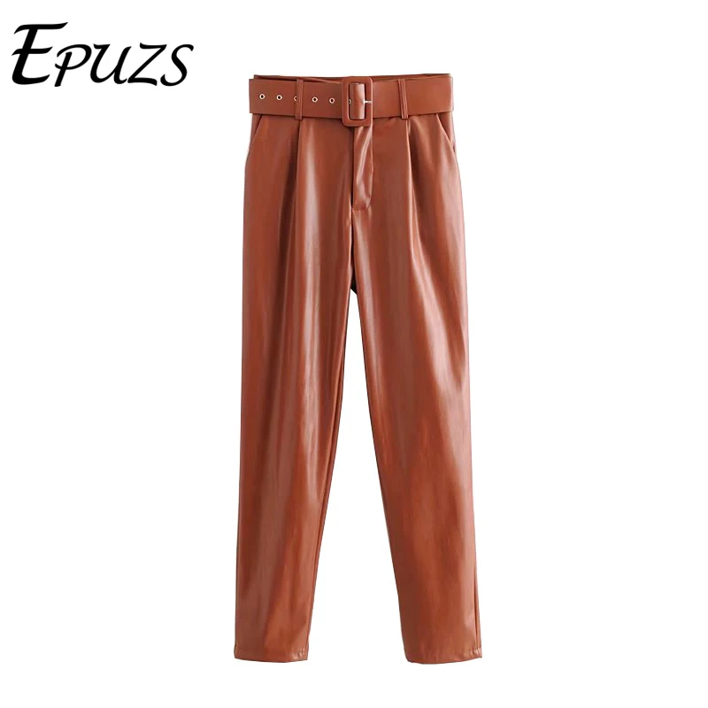 Винтажные черные брюки из искусственной кожи с поясом женские повседневные