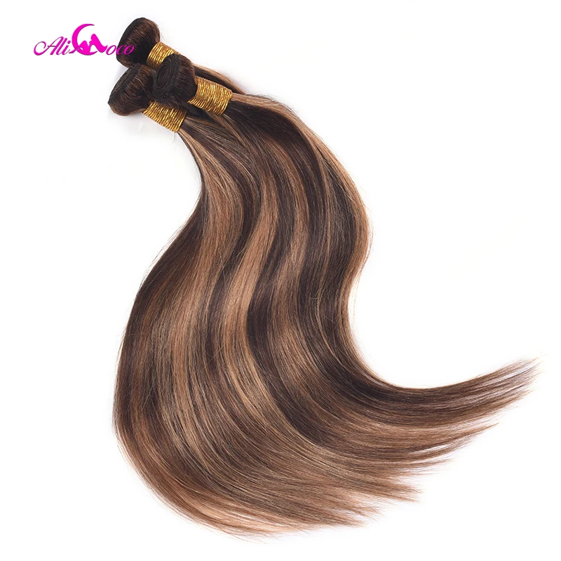 Feixes de Cabelo Osso em Linha Marrom com Destaque Coco Ombre Brasileiro Reta Humano p4 - 30 Cor Remy Feixes Tecer Cabelo Ali 3 humano p4 30 marrom com destaque cor remy feixes tecer cabelo
