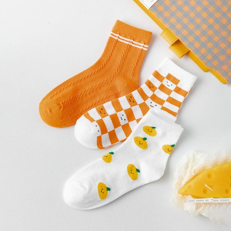 

Orange Socks Lady Plaid Women Sock Printing Striped Comfortable Sox Casual Cotton Warm Breathable Japanese Calcetines Hombre