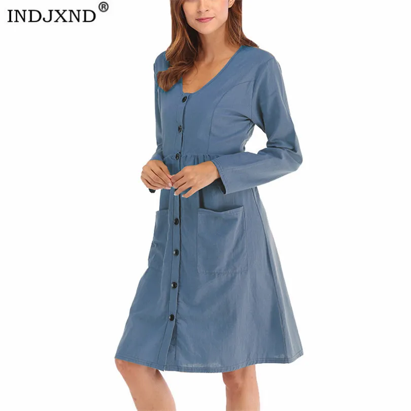 

INDJXND Autumn Pocket Loose Dress Women Solid Color Long Sleeve Party Vestidos Cotton Casual V-Neck Buttons Midi Pockets Clothes