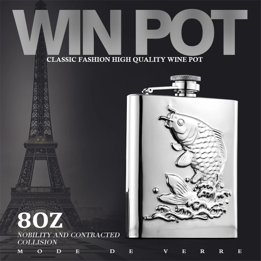 

8OZ Wine Whisky Pot Bottle Hip Flask Flagon 304 Stainless Steel Drinker Bottle Carp Chinese style Portable Travel Outdoors