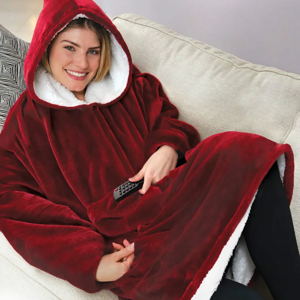 Однотонное синее серое красное Флисовое одеяло с капюшоном рукавами шерпа