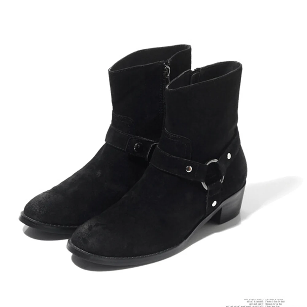 

Black Leather Ankle Boots Suede New Design Fashion Men's Boots Buckle Autumn Boots Men Botas Motorcycle/Biking Footwear, 38-44