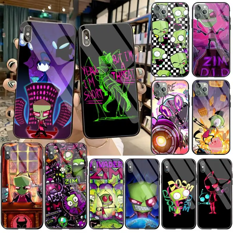 

YJZFDYRM Cartoon Invader Zim Silicone Black Phone Case Tempered Glass For iPhone 11 Pro XR XS MAX 8 X 7 6S 6 Plus SE 2020 case