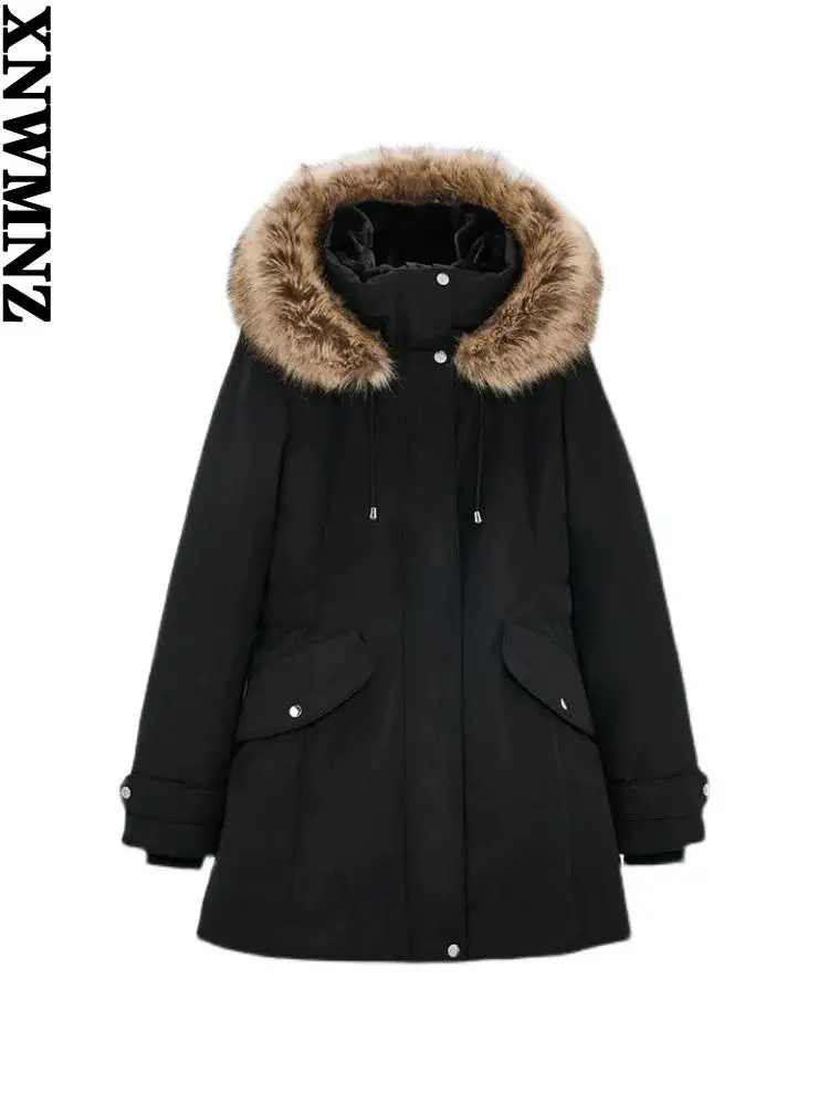 

XNWMNZ 2021 модная Толстая Теплая стеганая парка с капюшоном, пальто, винтажная женская верхняя одежда с длинным рукавом, шикарное пальто, зимняя...