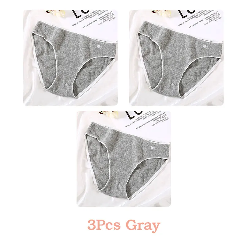 Gray 3Pcs Хлопковые трусы с сердечками для женщин, 1 шт., одноцветное нижнее белье, дышащие трусики, модное нижнее белье, сексуальные женские трусы, Новое поступление, S-XL - Цвет: Gray 3Pcs