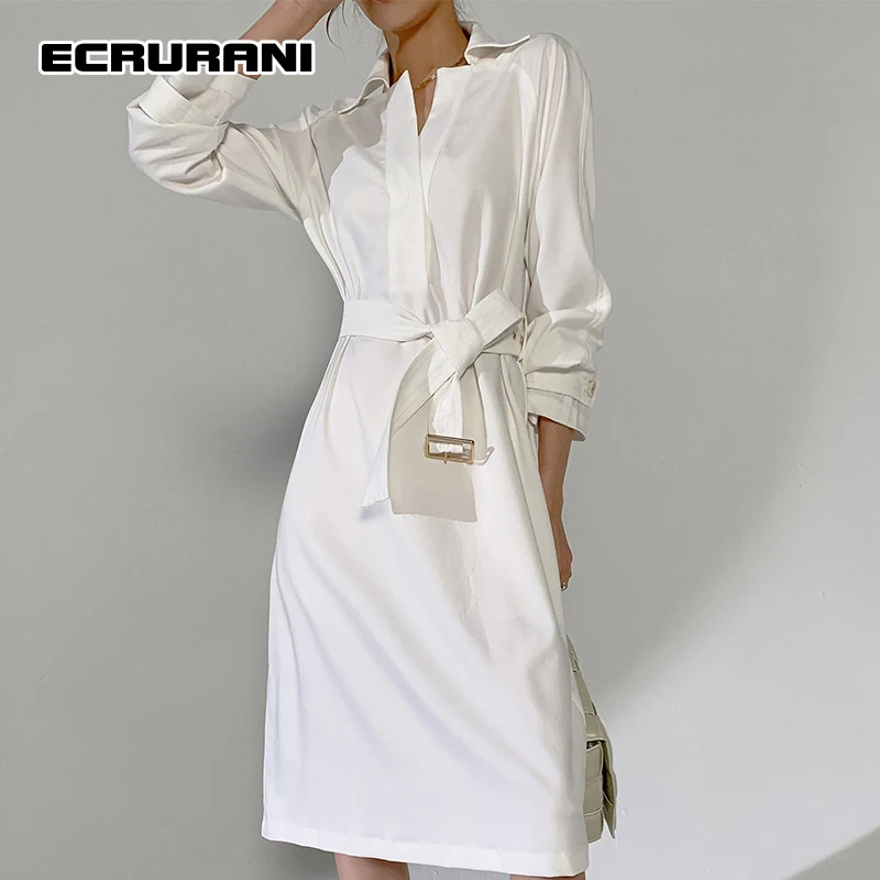 

ECRURANI White Dress For Women Lapel Long Sleeve Sashes Bandage Ruched Solid Midi Dresses Female New Clothing 2021 Spring Tide