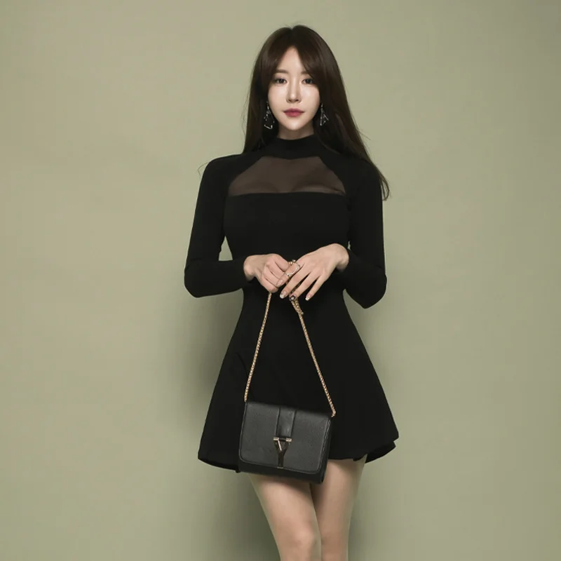 

2021 New Slim Fit Backless Slimming Long Sleeve Sexy Socialite Mesh Black Dress Black Short Skirt for Women Jum