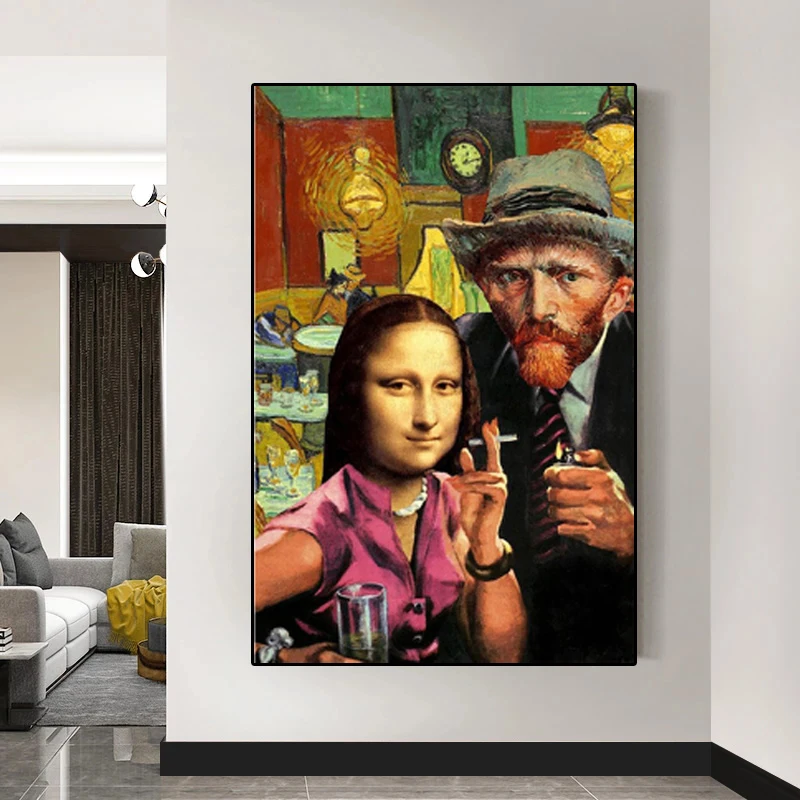 

Funny Art Mona Lisa and Van Gogh Smoking Canvas Paintings Wall Art Posters and Prints Da Vinci Famous Paintings for Living Room