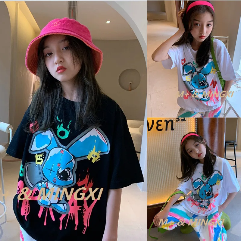 

2021 Children Loose T Shirt Kids Girls Boys Cartoon Rabbit Tshirt Tops Children Baby Cotton Short Sleeve Summer Street Dance Tee