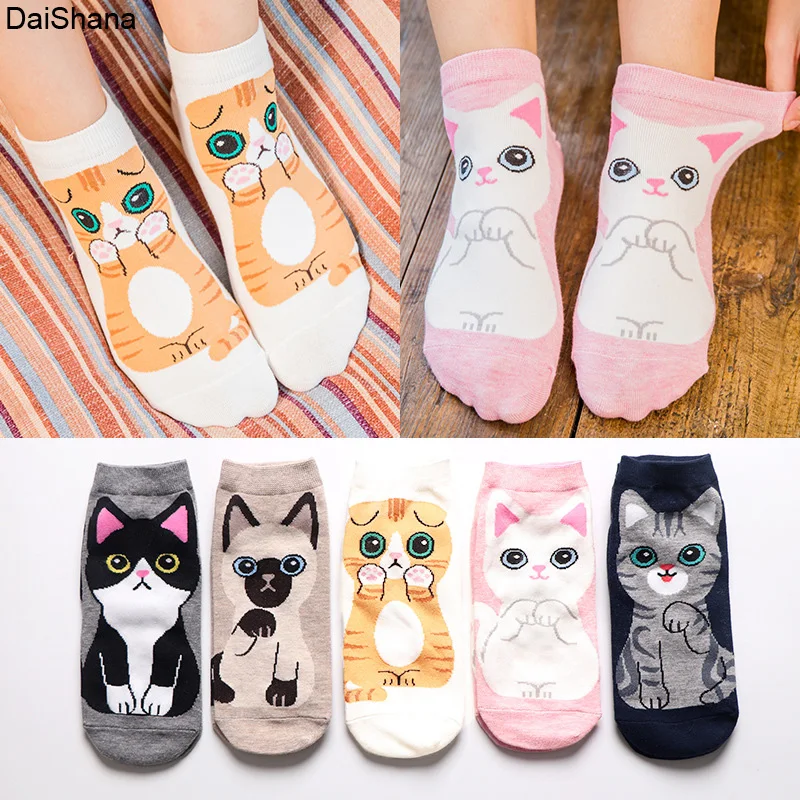5Pairs/lot Spring Summer Fashion Women Cotton Sox Cartoon Hello Kitten Cat Puppy Dog Harajuku Kawaii Cute Girl Happy Funny Socks