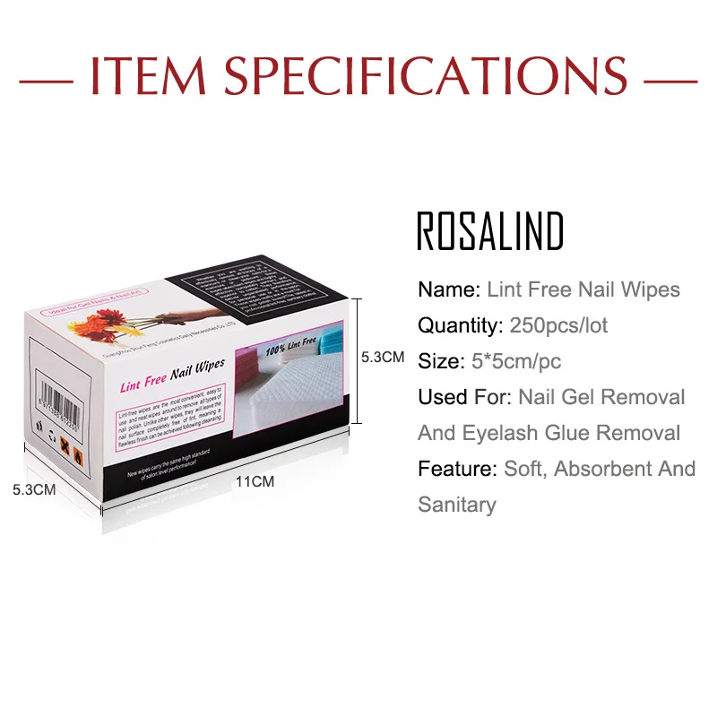 ROSALIND Lint-Free Nail Wipes Napkins Art Remover For Gel Polish Remove Pure Cotton Nails Pads Paper 250Pcs/Lot | Красота и здоровье