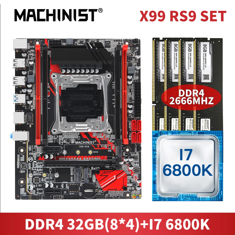 Online MASCHINIST X99 Motherboard LGA 2011-3 Combo Mit 32GB 4*8GB DDR4 RAM Speicher Core I7-6800K Prozessor Set Kit X99-RS9 M.2 NVME USB