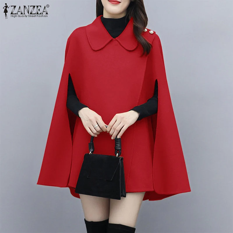 

ZANZEA 2021 Women Autumn Stylish Casual Sleeveless Cloak Plain Work Button Cape Femme Clothing Party Outwear Poncho Street Coats