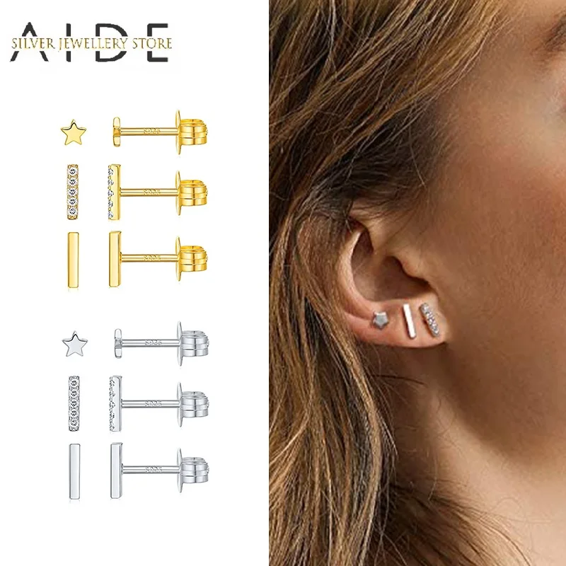 

AIDE 3 Pcs/Set Cute Stud Earrings For Women Trendy Geometric /Zircon/Star Piercing 925 Sterling Silver Earings Jewelry brincos
