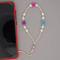 phone lanyard smiley face wrist strap beach pearl crystal beads string chain for phone love letter jewelry 2021 hot sale