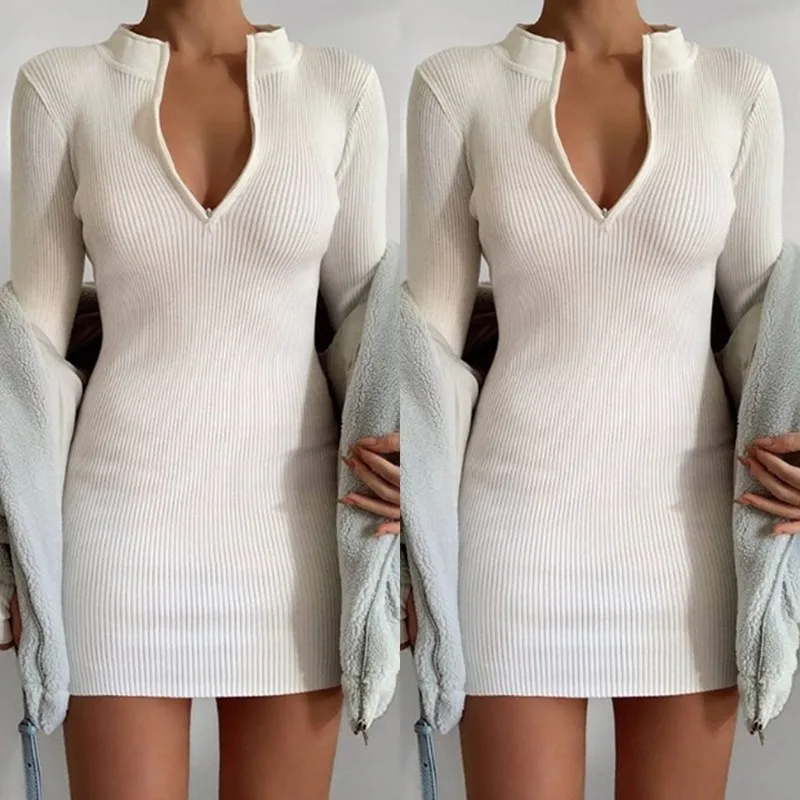 

White Elegant Knitted V Neck Tight Hip Sexy Dress Women Long Sleeve Casual Fashion 2020Autumn Winter American Trend Chic Dresses