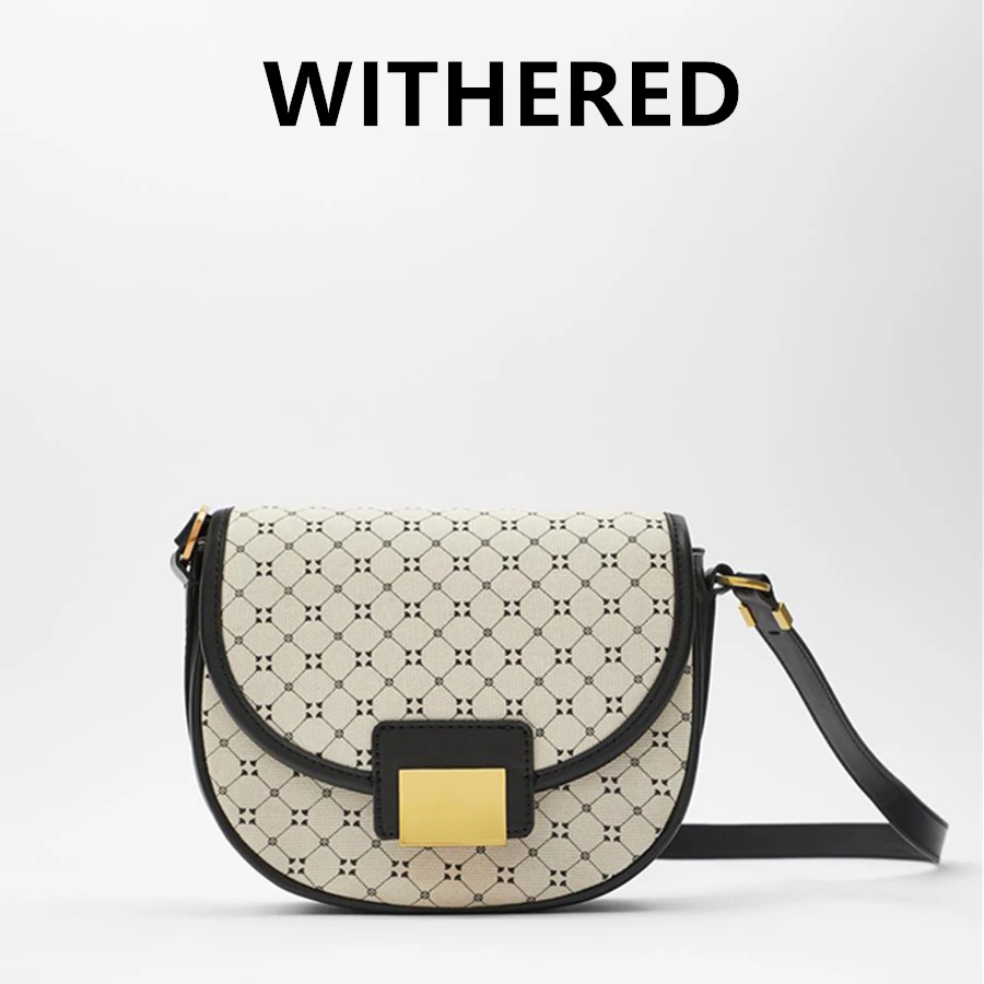 

Элегантная винтажная женская сумка-седло с металлической пряжкой и геометрическим принтом