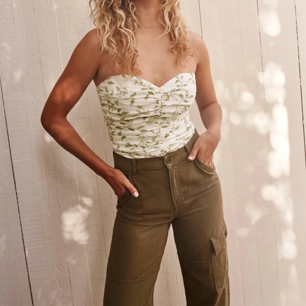 

2021 Vintage Green Floral Print Slim Women Top Fashion Center Ruched Tank Top Summer Spaghetti Straps Girl Camis