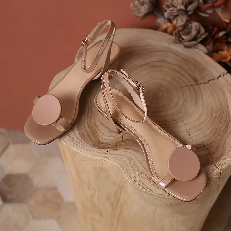 

Genuine Leather Women Shoes Sandals Open Toe Buckle Strap Thick Heel Round Button Sandals High Quality Shoes Footwear Size 34-40
