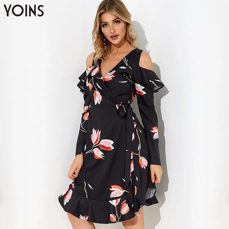 Женское винтажное платье YOINS черное до колена с оборками и цветочным принтом