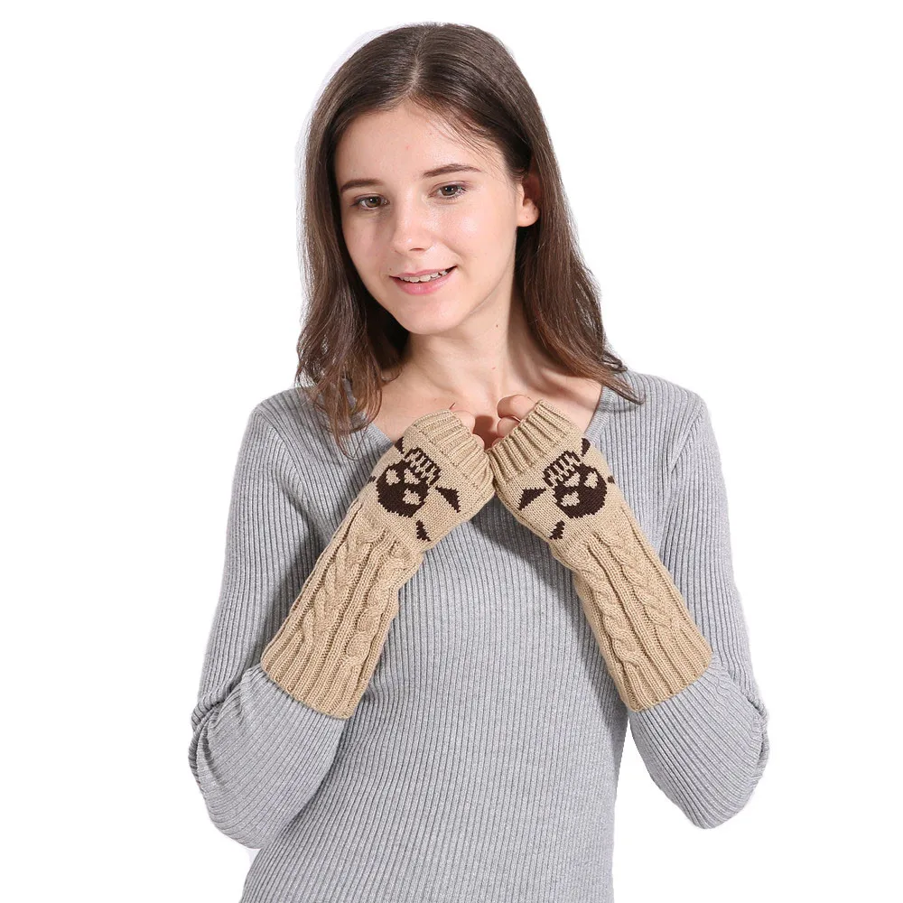 Женские зимние перчатки с геометрическим черепом вязаные без пальцев мягкие