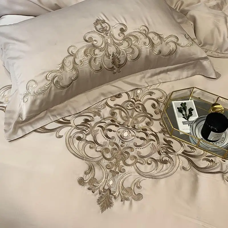 

41 Champagne Pink Luxury Royal Embroidery European Palace 100S Tencel Silk Bedding Set Duvet Cover Bed sheet/Linen Pillowcases