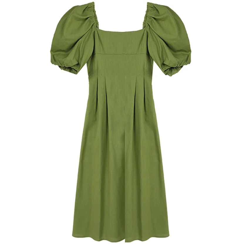 

Женское летнее платье-трапеция с пышными рукавами, квадратным вырезом и высокой талией