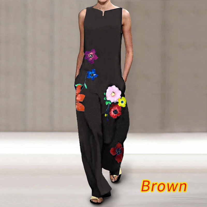 Womens Sleeveless Jumpsuits 2021 Women Rompers Sexy V Neck Printed Playsuits VONDA Plus Size Wide Leg Pants Casual Overalls