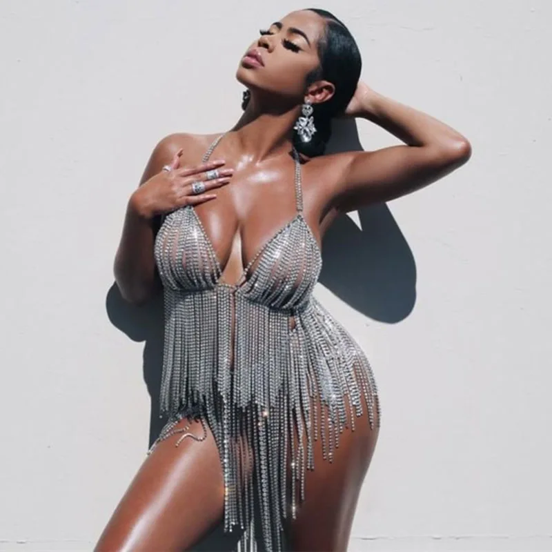 

Sexy Shiny Diamante Two Piece Set Women Halter Tassel Backless Hollow Out Crop Top Hot Waist Chain Night Club Two Piece Outfit