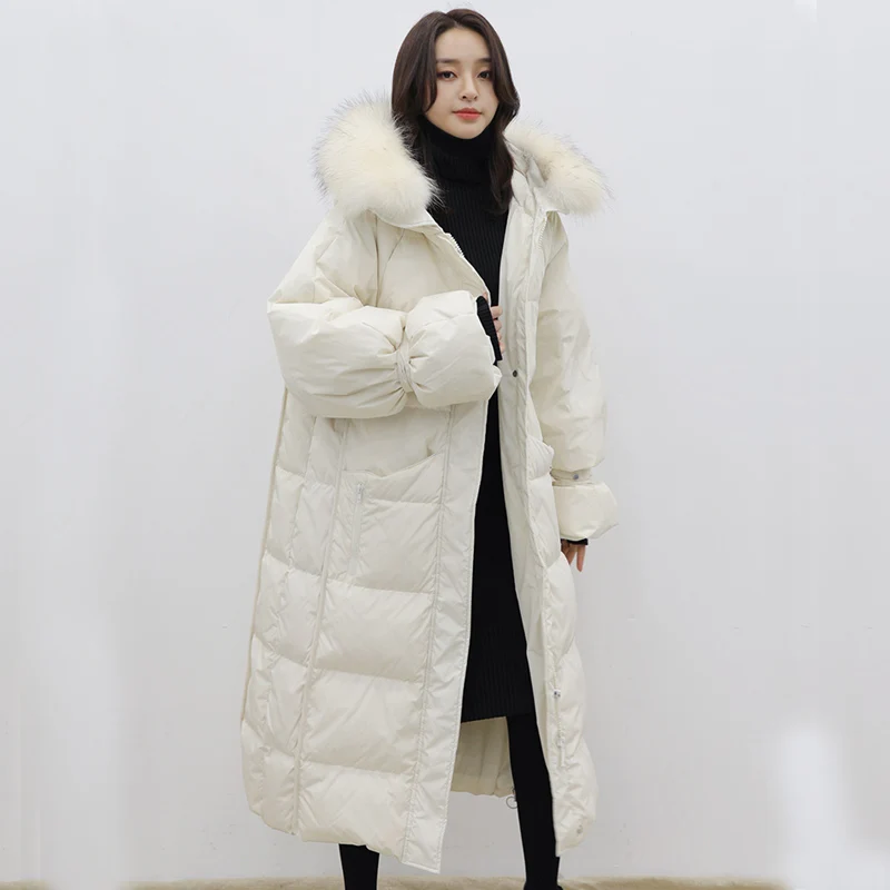 Женский пуховик с капюшоном теплая свободная парка на белом утином пуху