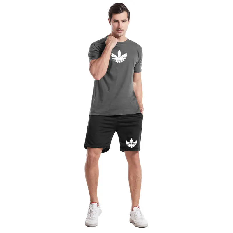 

2021 Korean Summer New Men Thin Print Short Sleeve Tops Casual Loose Round Collar T-shirts+Sport Shorts ComfortTwo-piece Suit