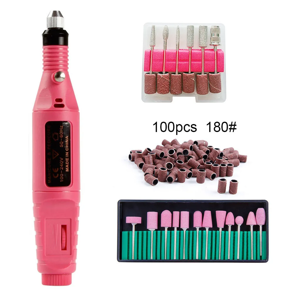 Pink 180 Электрические сверла для ногтей комплект фрезерный сверлильный станок для маникюра и педикюра, фрезер для ногтей файл шлифовка бандажей гель для снятия 18 шт. фрезы - Цвет: Pink 180