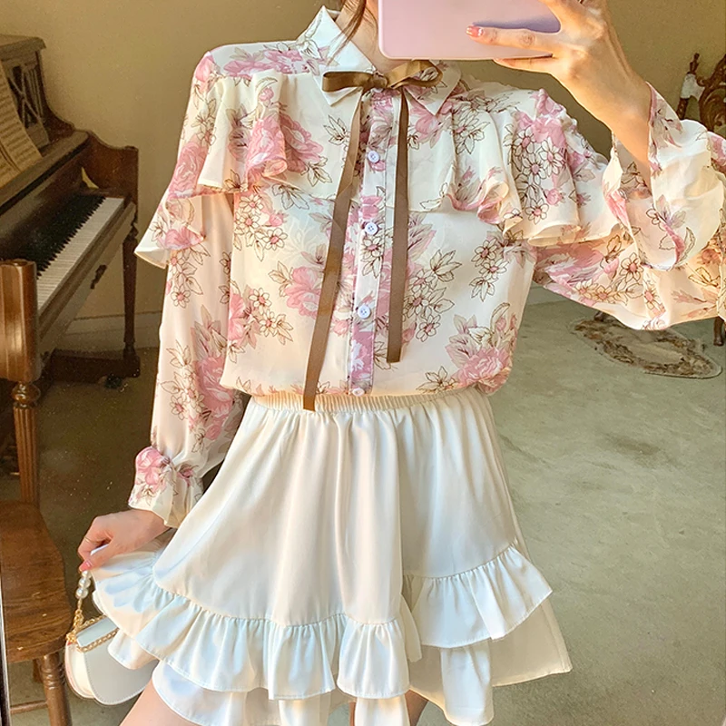 

Ruffles Blouses 2021 Autumn Puff Long Sleeve Floral Print Chiffon Shirts Women Cardigan Korean Ladies Tops Blusas Mujer 10449