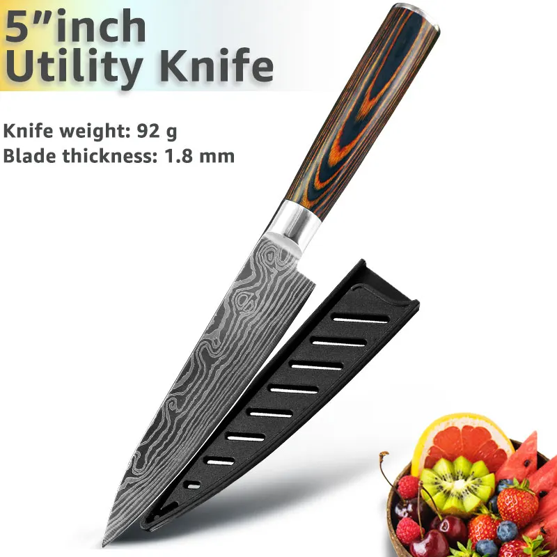 5inch Utility knife Кухонный нож 8 дюймов, японские ножи шеф-повара 7CR17 440C из высокоуглеродистой нержавеющей стали, дамасский чертежный универсальный набор сантоку, Кливер - Цвет: 5inch Utility knife