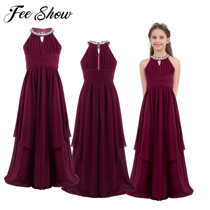 Elegant Flower Girls Dress Children Wedding Party Princess Chiffon Sequined Halter Clothes Formal Occasion | Детская одежда и