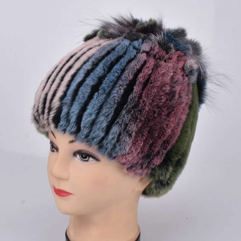 Fur Hats for Women Winter Real Rex Rabbit Hat Fox fur kniting female warm snow caps ladies elegant princess beanies cap